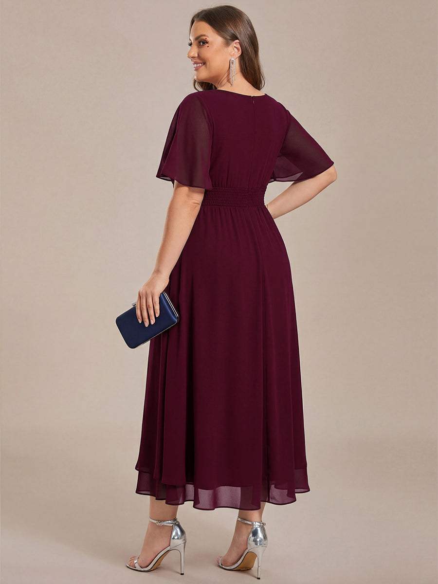 Plus Size Pleated Chiffon Ruffle Sleeve Midi Dress #color_Burgundy