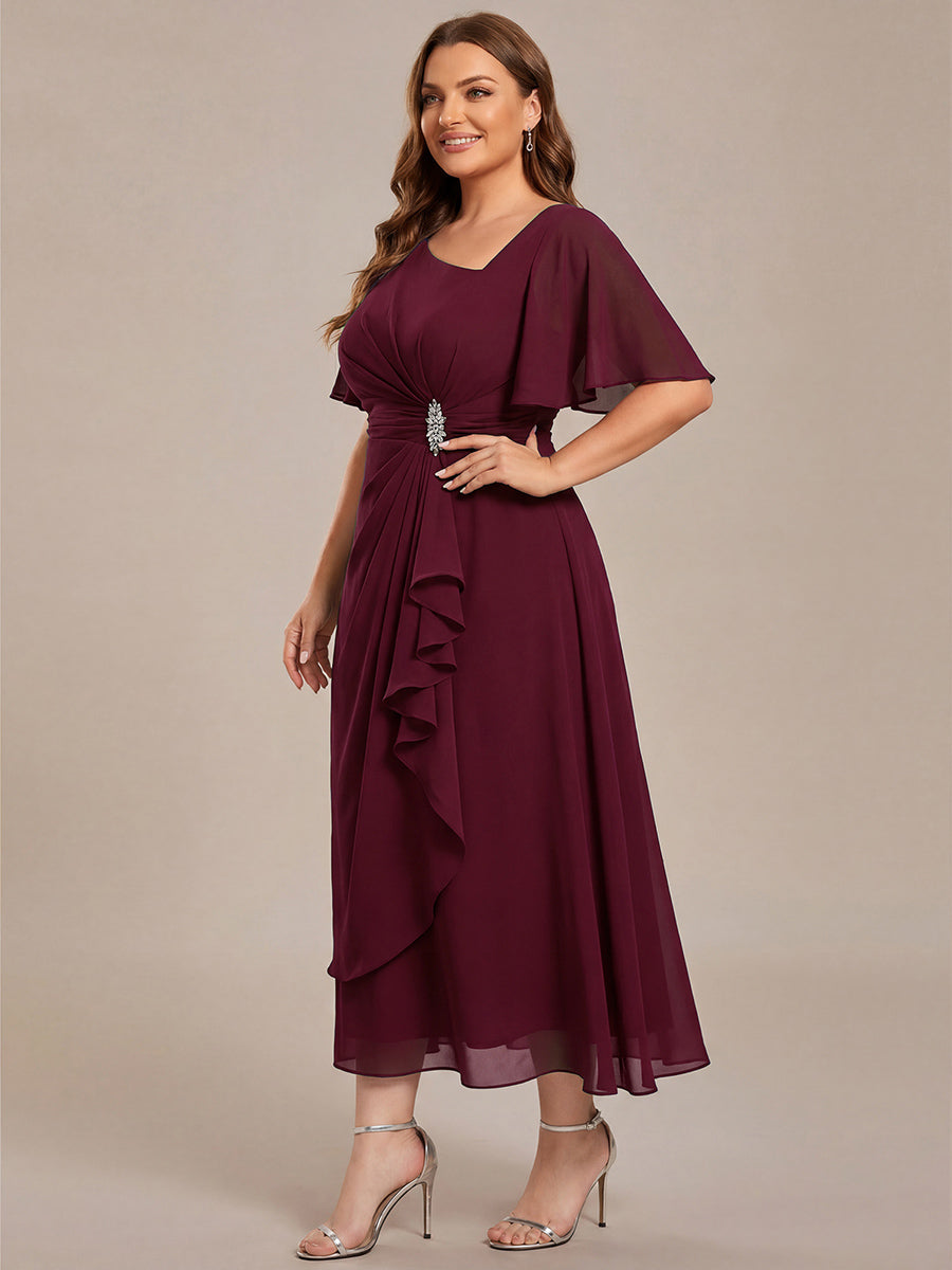 pretty LILOU| Plus Size Pleated Chiffon Ruffle Sleeve Wedding Guest Dress