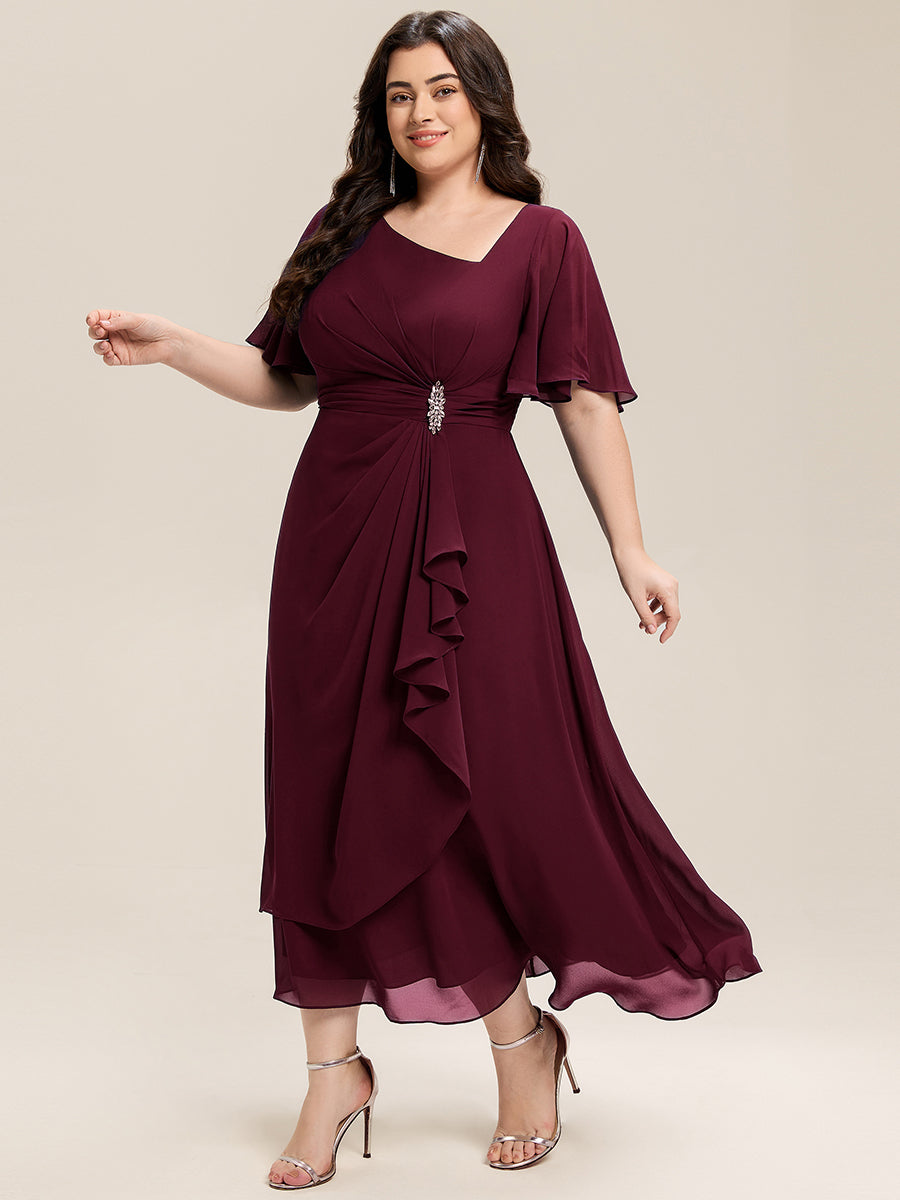 Plus Size Pleated Chiffon Ruffle Sleeve Midi Dress #color_Burgundy