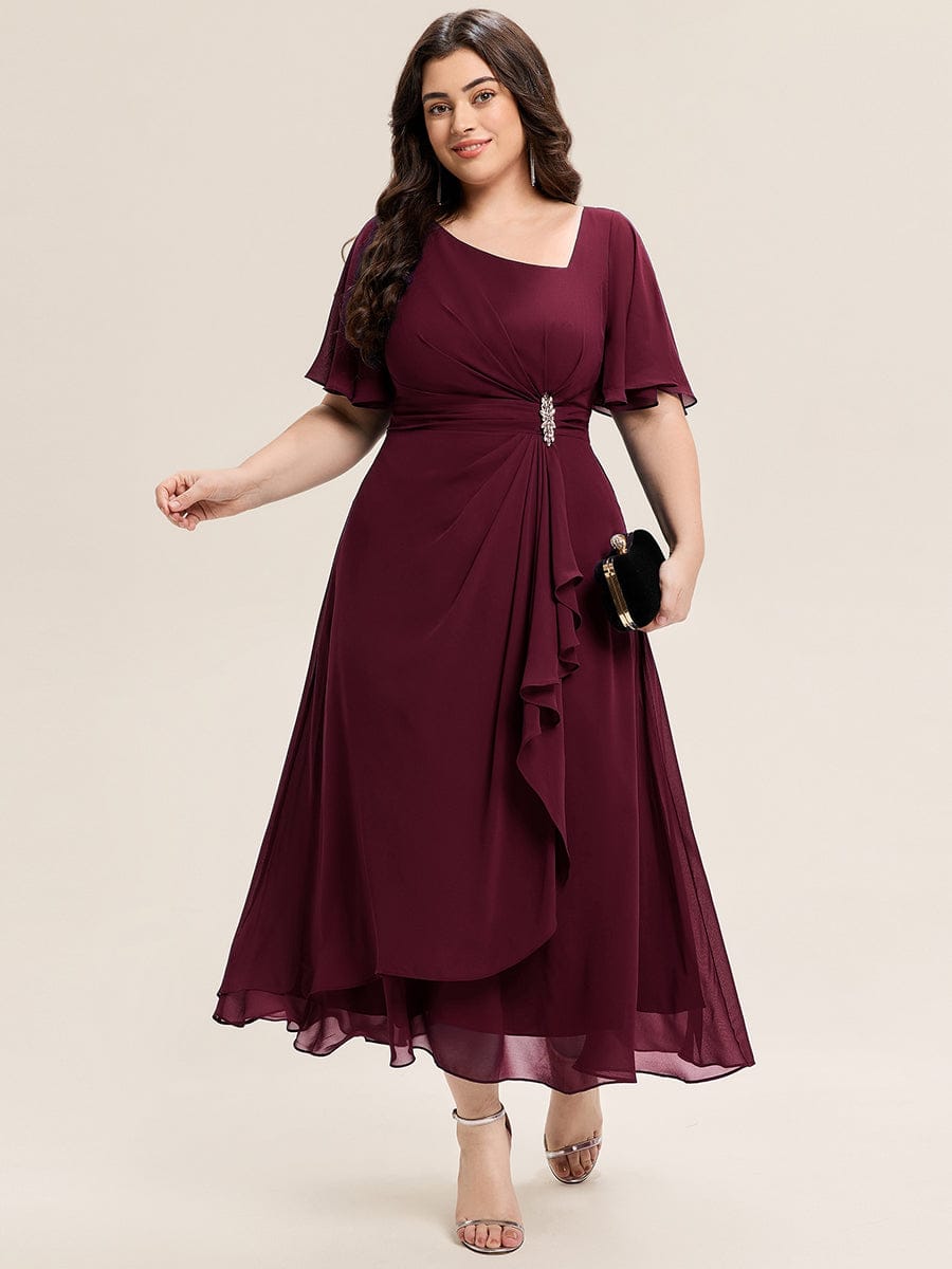 Plus Size Pleated Chiffon Ruffle Sleeve Midi Dress #color_Burgundy