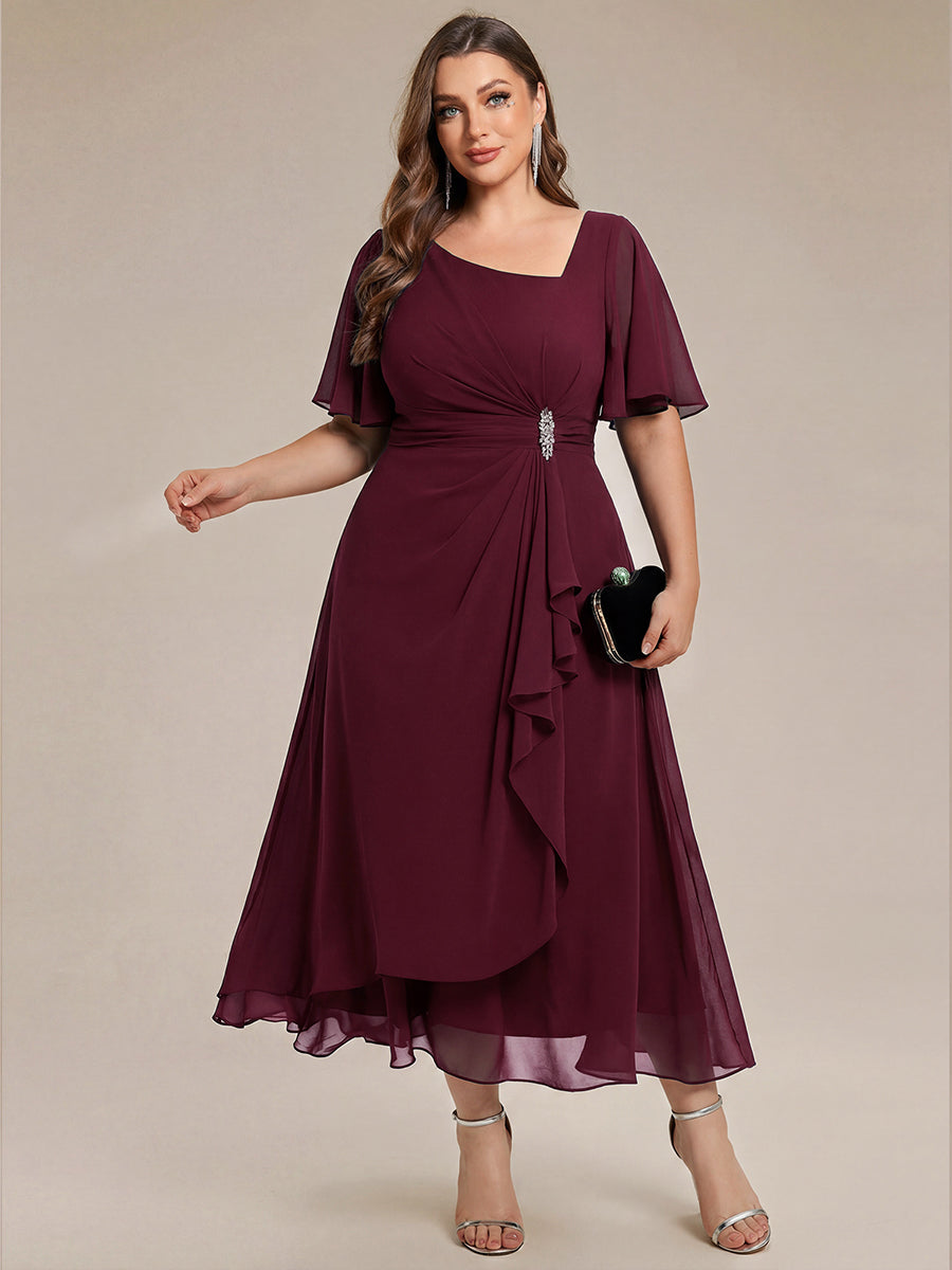 Plus Size Pleated Chiffon Ruffle Sleeve Midi Dress #color_Burgundy