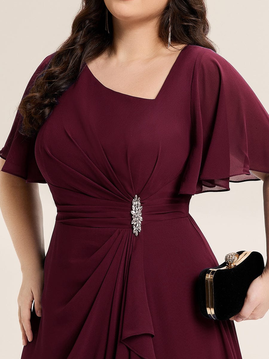 Pleated Chiffon Ruffle Sleeve Midi Dress #color_Burgundy