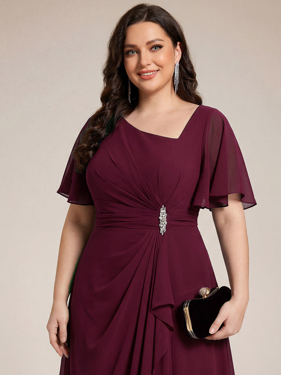 Plus Size Pleated Chiffon Ruffle Sleeve Midi Dress #color_Burgundy