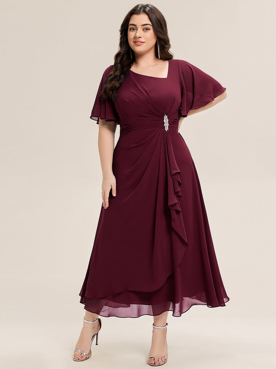 Plus Size Pleated Chiffon Ruffle Sleeve Midi Dress #color_Burgundy
