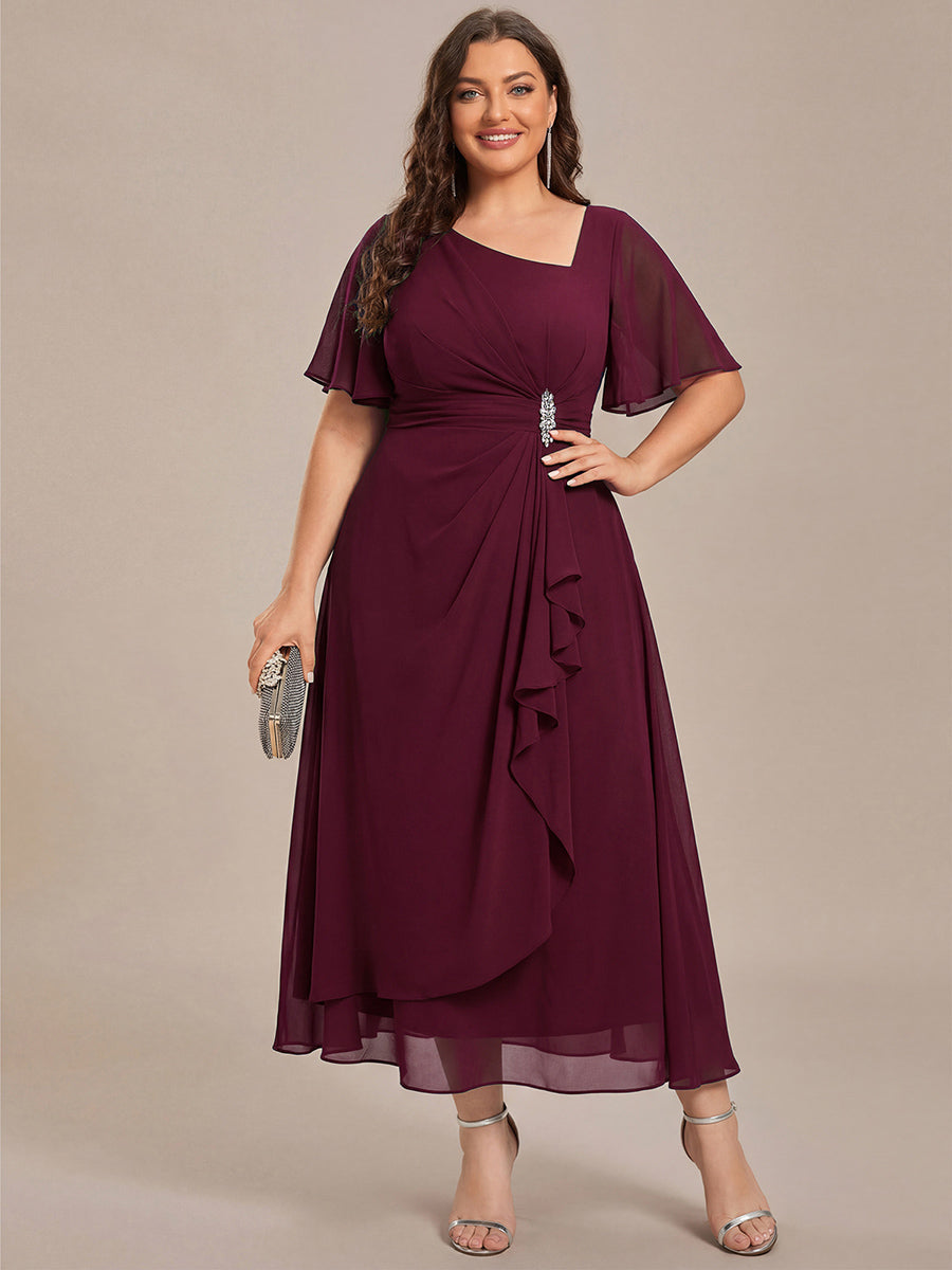 Plus Size Pleated Chiffon Ruffle Sleeve Midi Dress #color_Burgundy