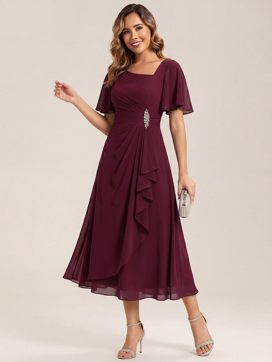 Pleated Chiffon Ruffle Sleeve Midi Dress #color_Burgundy