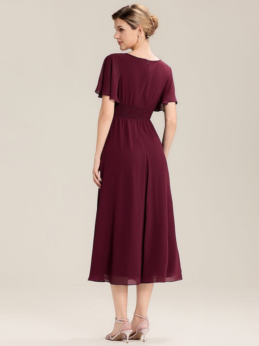 Pleated Chiffon Ruffle Sleeve Midi Dress #color_Burgundy