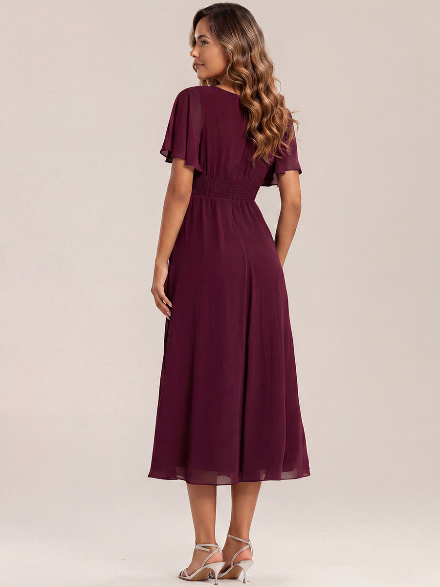 Pleated Chiffon Ruffle Sleeve Midi Dress #color_Burgundy