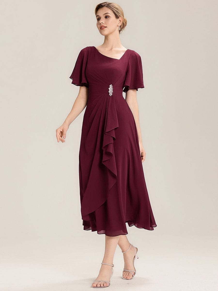 Ruffle Sleeve Chiffon Midi Mother of the Bride Dress #color_Burgundy