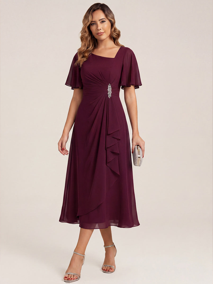 Pleated Chiffon Ruffle Sleeve Midi Dress #color_Burgundy