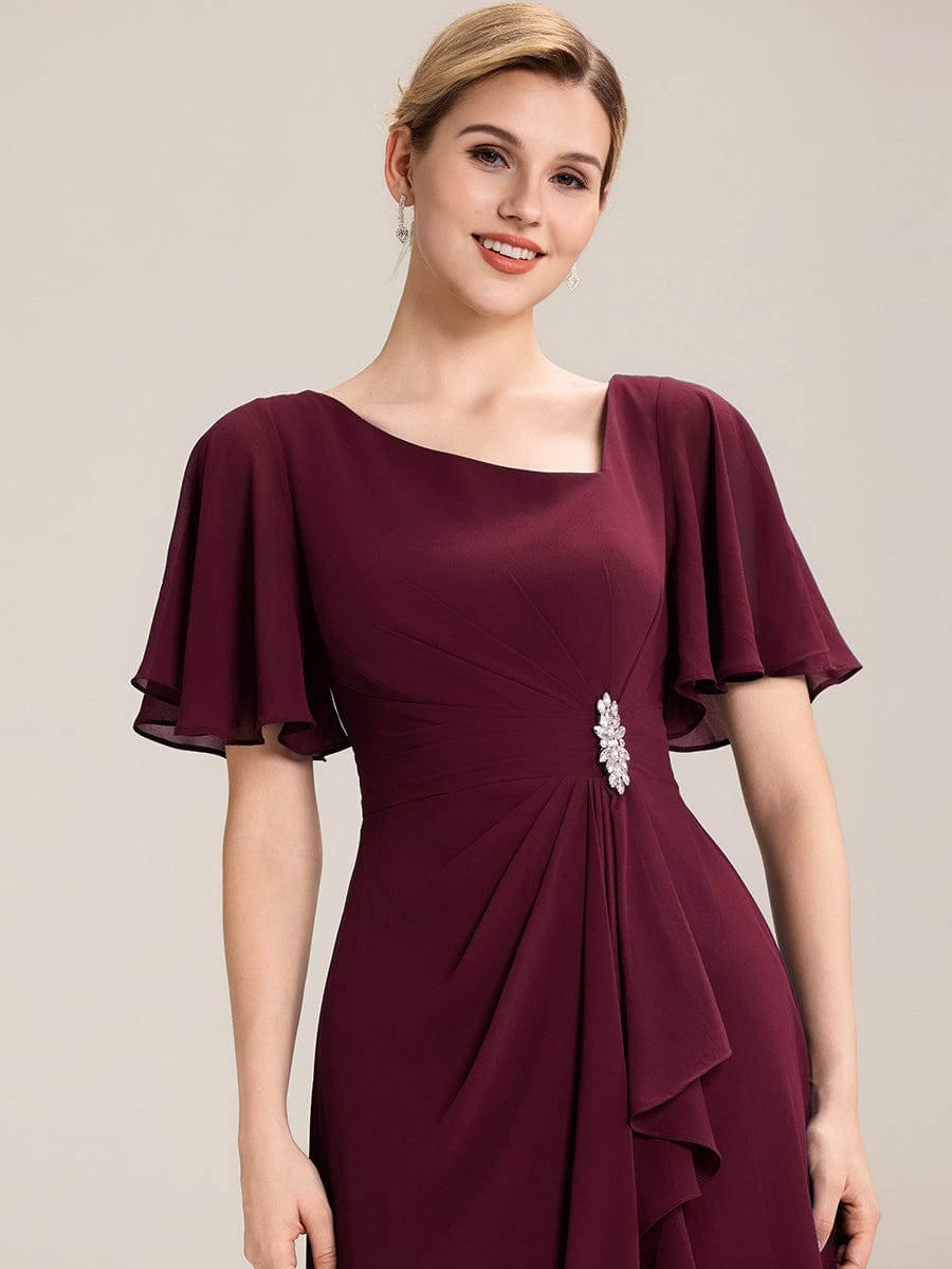 Pleated Chiffon Ruffle Sleeve Midi Dress #color_Burgundy