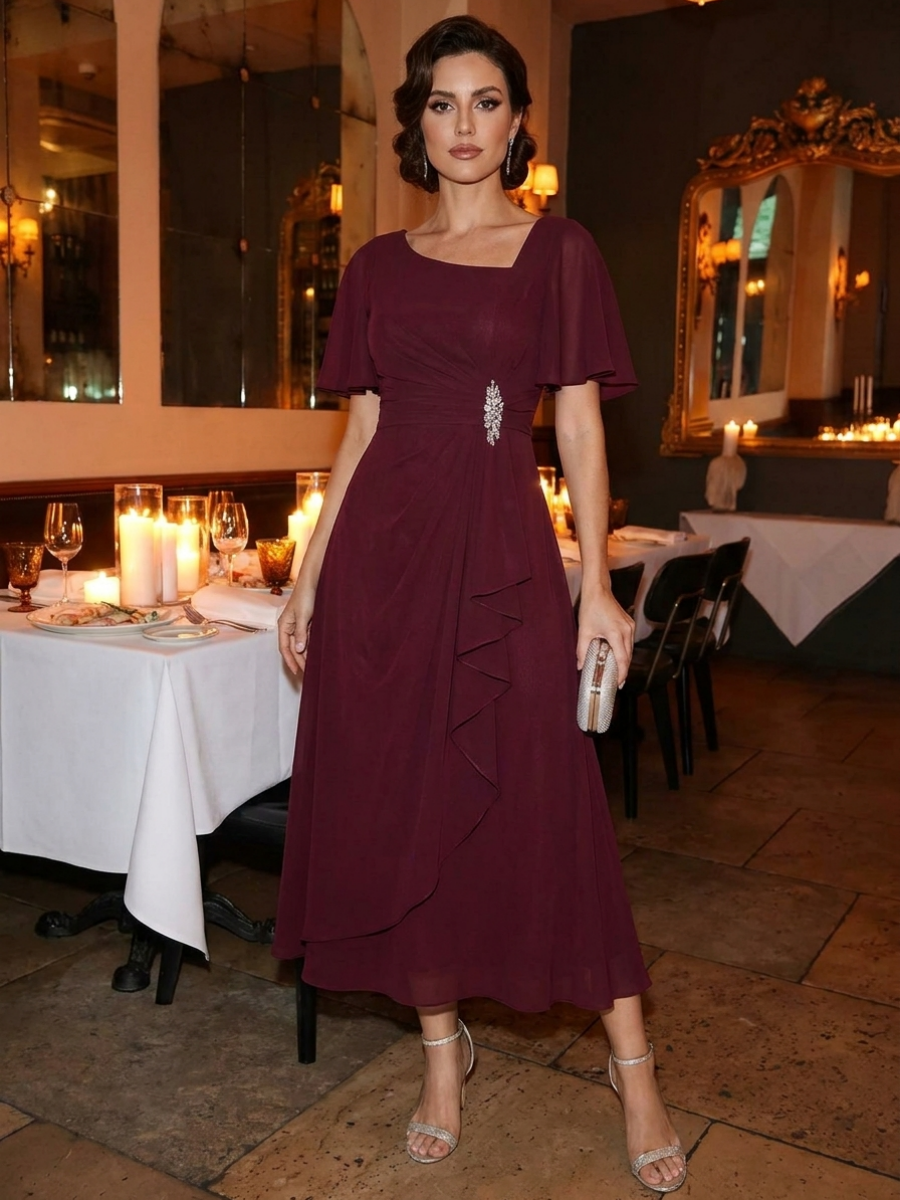 Pleated Chiffon Ruffle Sleeve Midi Dress #color_Burgundy