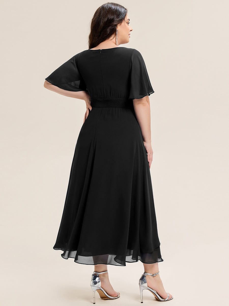 Plus Size Pleated Chiffon Ruffle Sleeve Midi Dress #color_Black