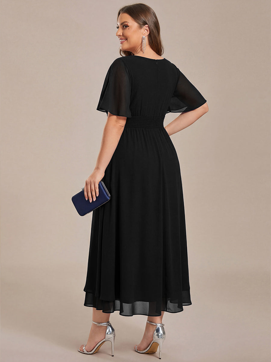Plus Size Pleated Chiffon Ruffle Sleeve Midi Dress #color_Black