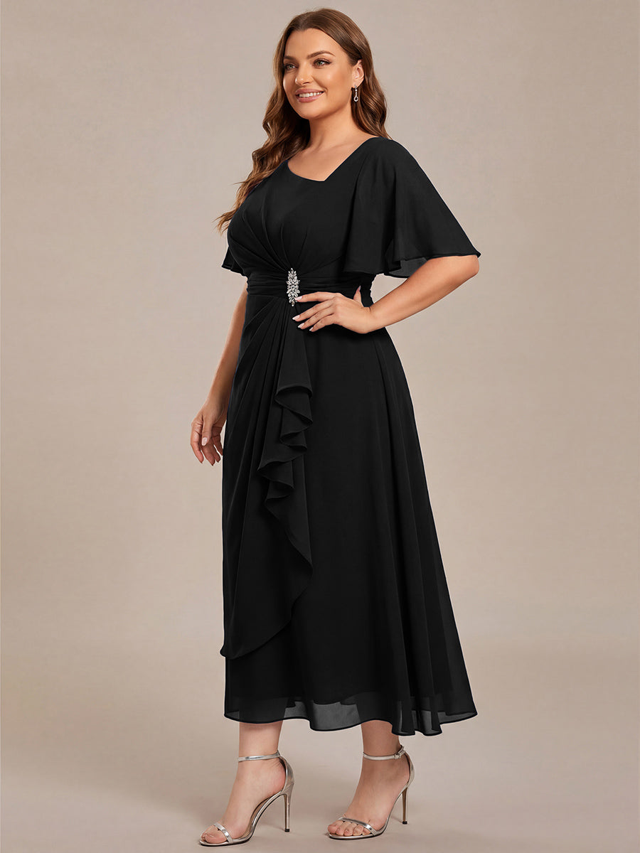 Pleated Chiffon Ruffle Sleeve Midi Dress #color_Black