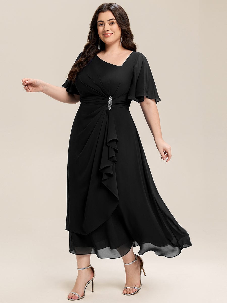 Ruffle Sleeve Chiffon Midi Mother of the Bride Dress #color_Black
