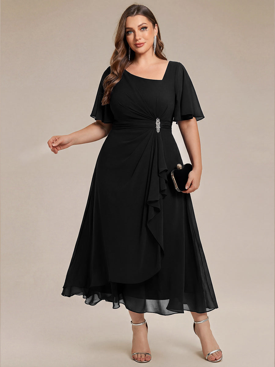 Pleated Chiffon Ruffle Sleeve Midi Dress #color_Black