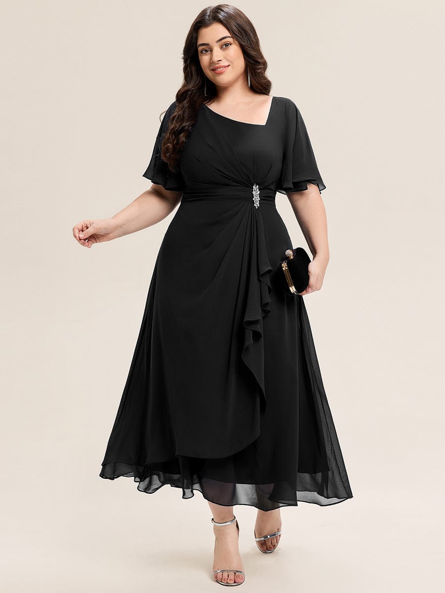 Plus Size Chiffon Ruffle Sleeve Formal Dress #color_Black