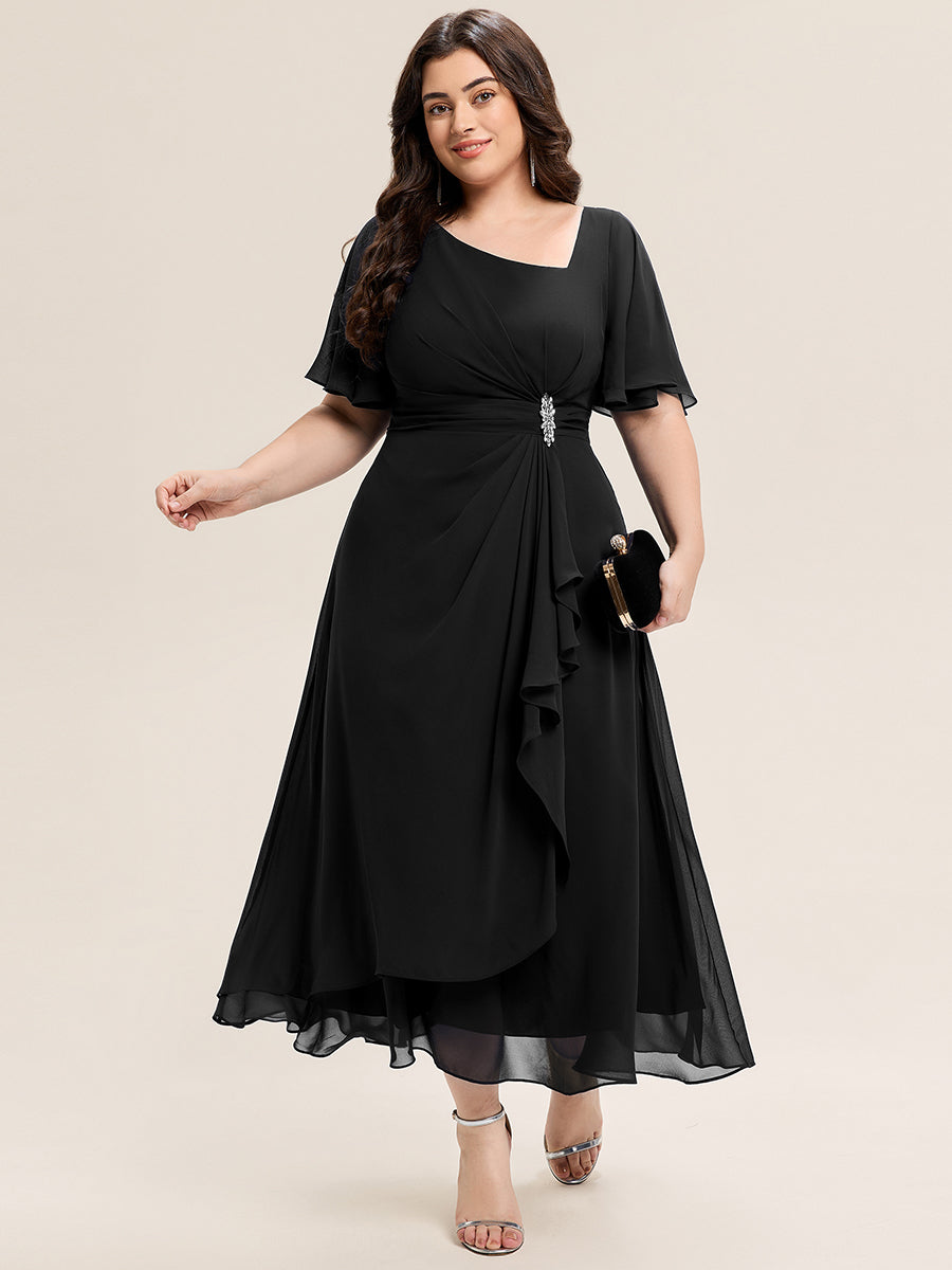 Plus Size Pleated Chiffon Ruffle Sleeve Midi Dress #color_Black