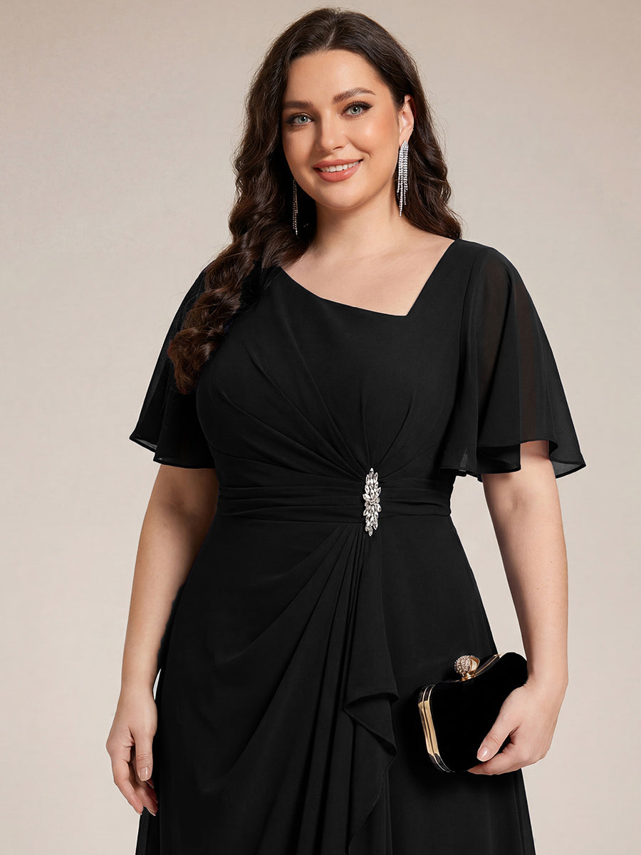 Plus Size Pleated Chiffon Ruffle Sleeve Midi Dress #color_Black
