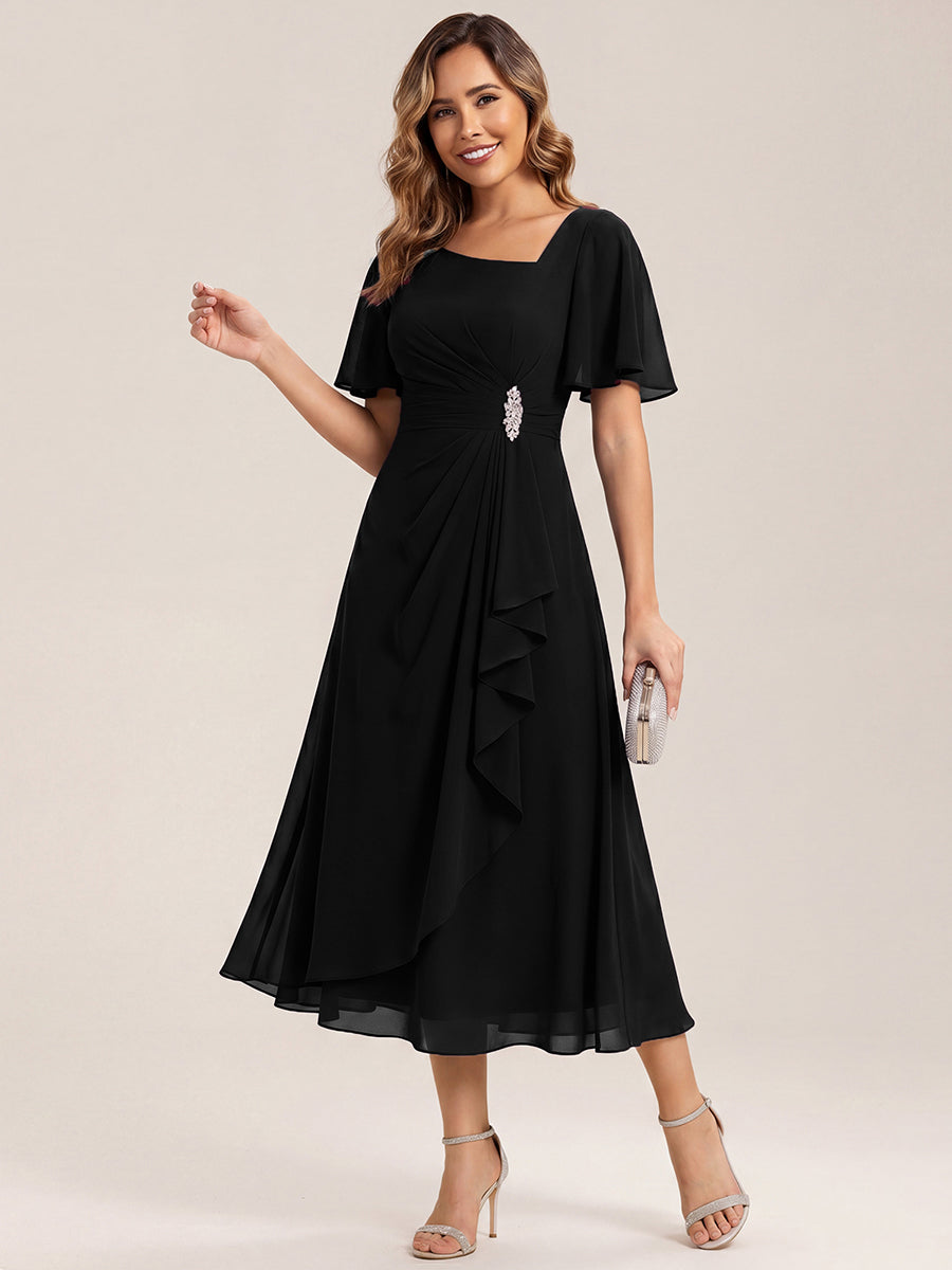 Pleated Chiffon Ruffle Sleeve Midi Dress #color_Black