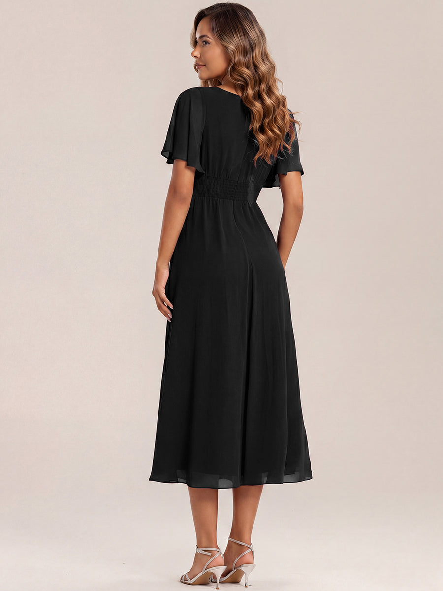 Pleated Chiffon Ruffle Sleeve Midi Dress #color_Black