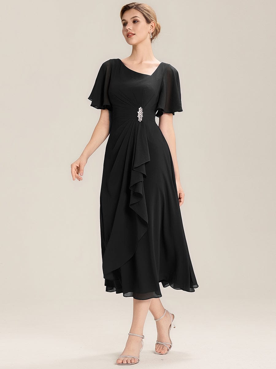 Pleated Chiffon Ruffle Sleeve Midi Dress #color_Black