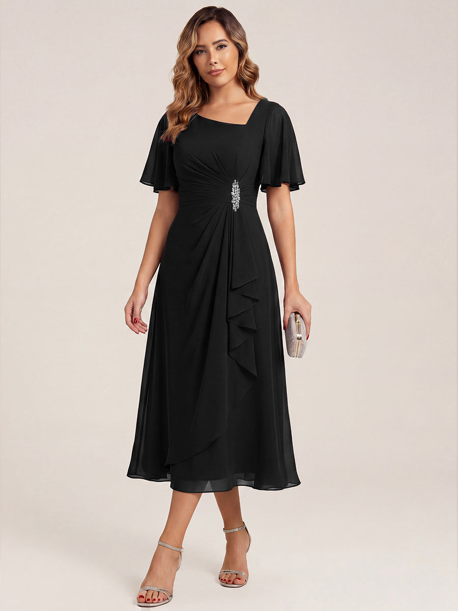 Pleated Chiffon Ruffle Sleeve Midi Dress #color_Black
