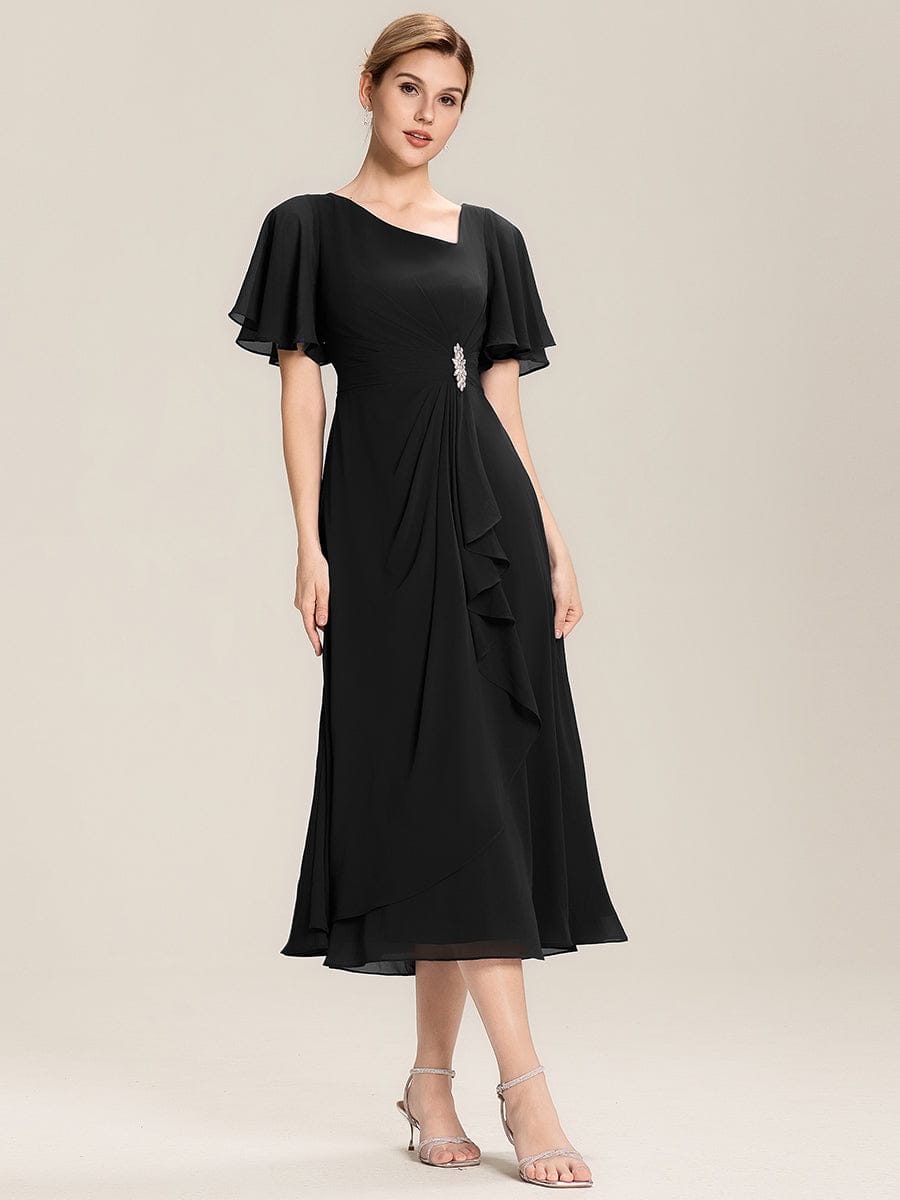 Pleated Chiffon Ruffle Sleeve Midi Dress #color_Black