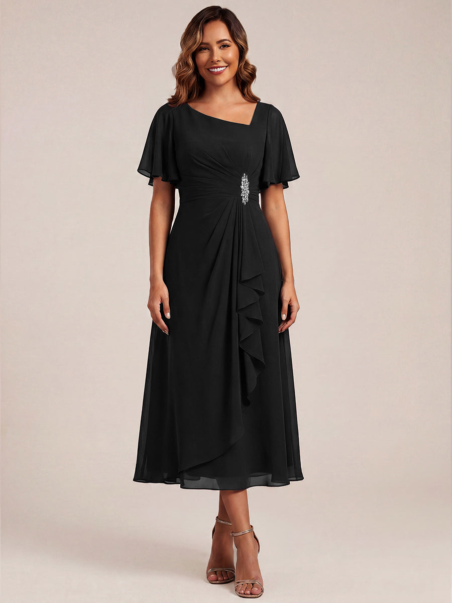 Pleated Chiffon Ruffle Sleeve Midi Dress #color_Black