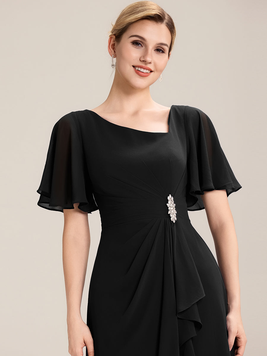 Pleated Chiffon Ruffle Sleeve Midi Dress #color_Black
