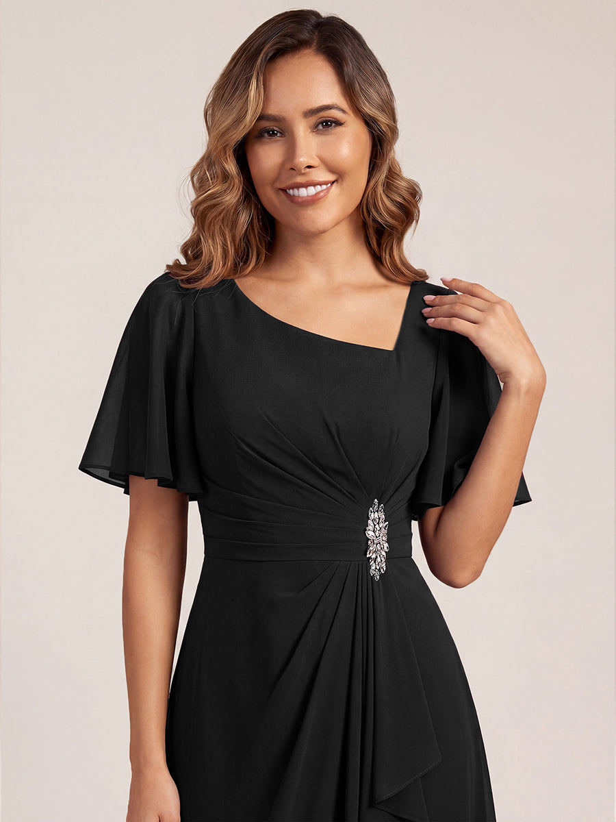 Pleated Chiffon Ruffle Sleeve Midi Dress #color_Black