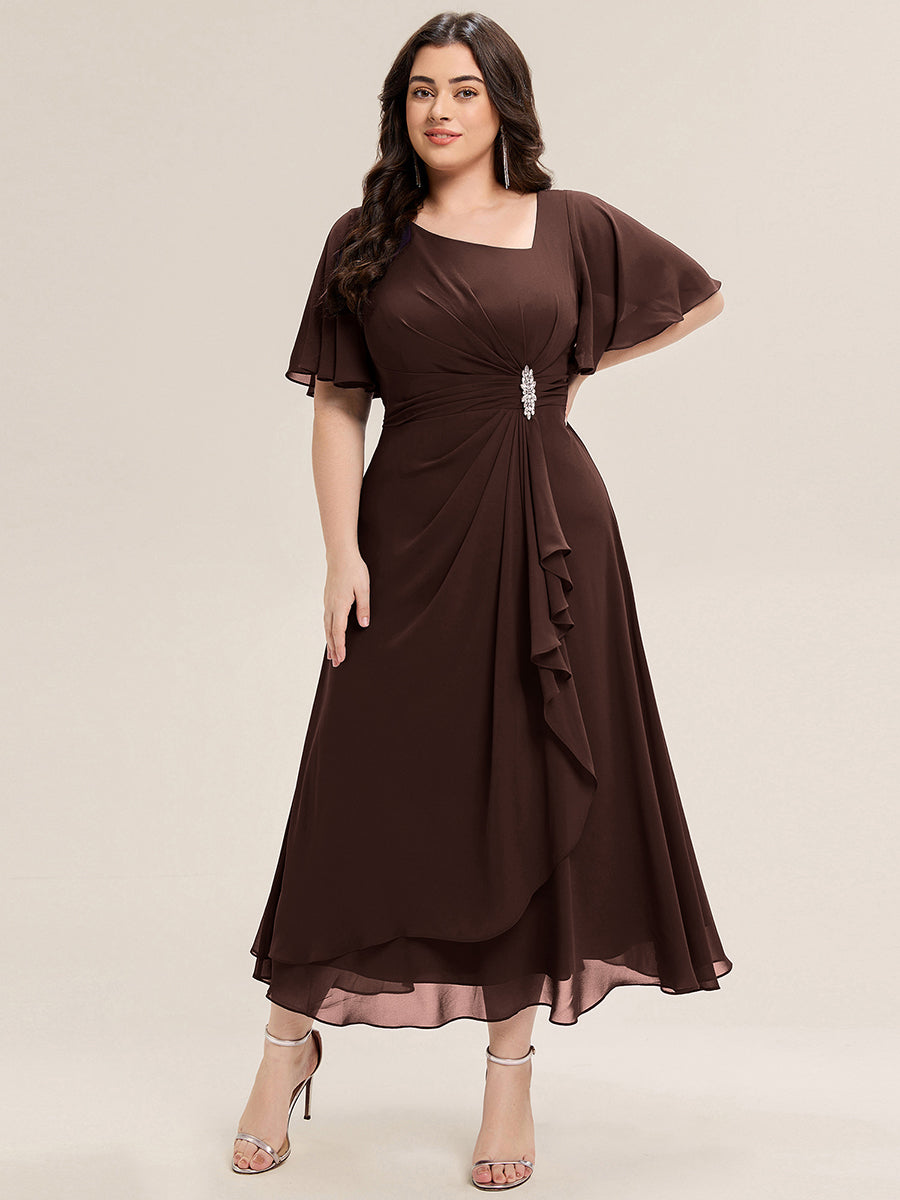 Pleated Chiffon Ruffle Sleeve Midi Dress #color_Chocolate Brown
