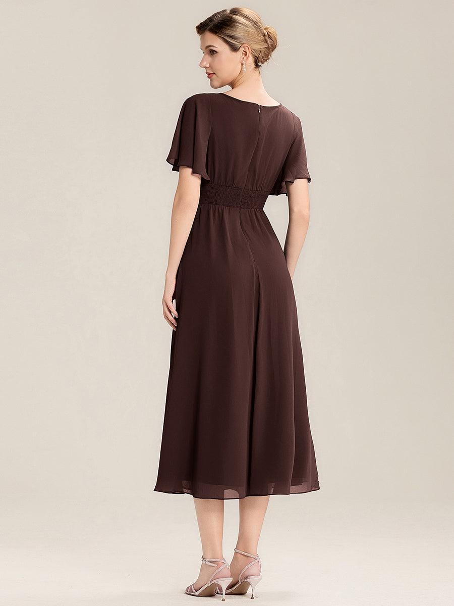 Ruffle Sleeve Chiffon Midi Mother of the Bride Dress #color_Chocolate Brown