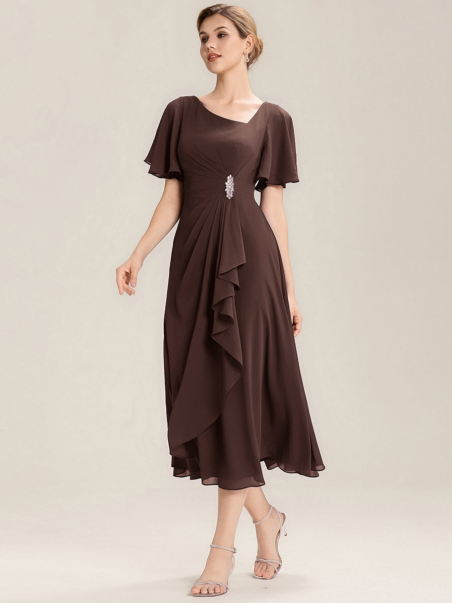 Pleated Chiffon Ruffle Sleeve Midi Dress #color_Chocolate Brown