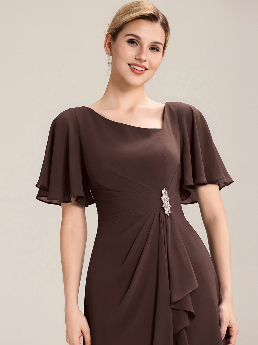 Elegant Chiffon Ruffle Sleeve Formal Dress #color_Chocolate Brown