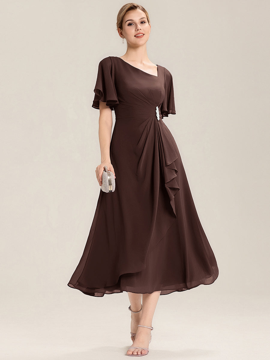 Pleated Chiffon Ruffle Sleeve Midi Dress #color_Chocolate Brown