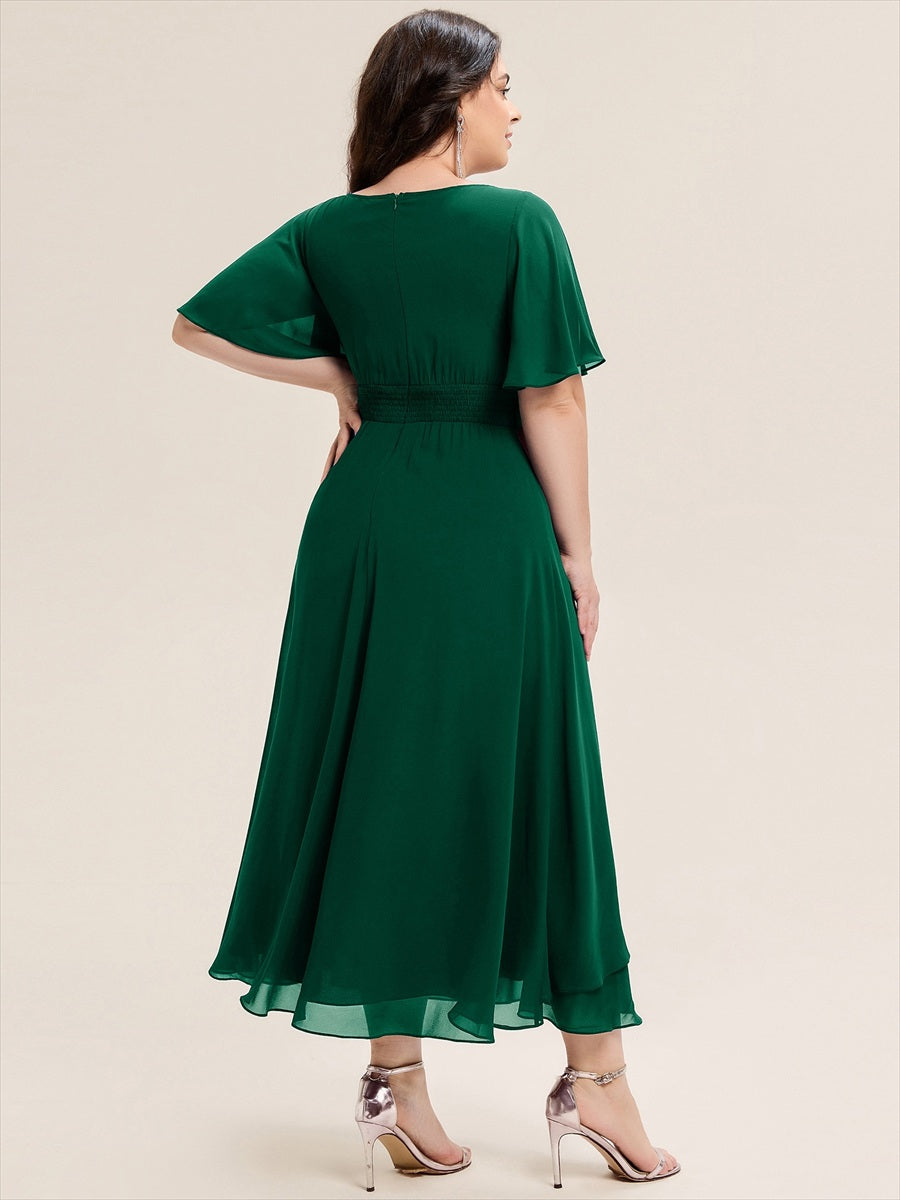 Pleated Chiffon Ruffle Sleeve Midi Dress #color_Dark Green