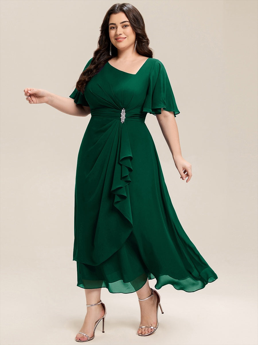 Plus Size Chiffon Ruffle Sleeve Formal Dress #color_Dark Green