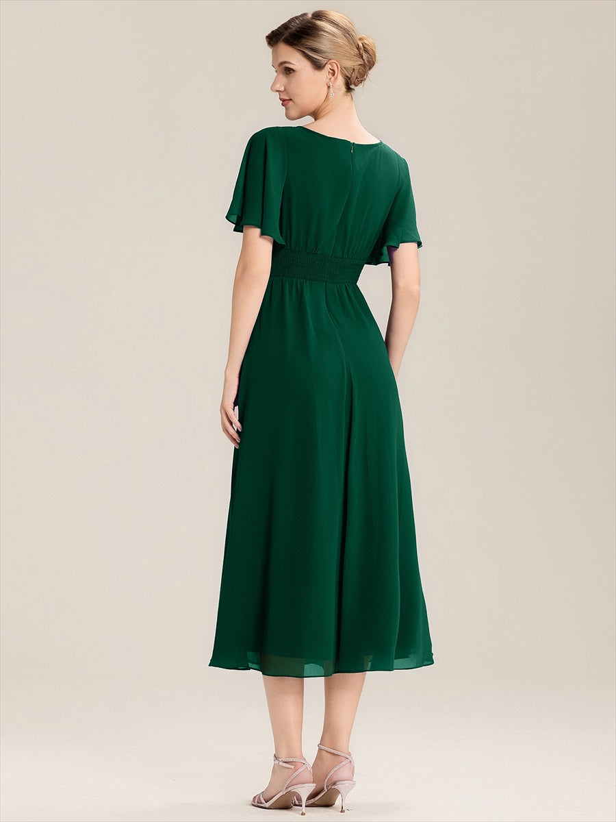 Ruffle Sleeve Chiffon Midi Mother of the Bride Dress #color_Dark Green