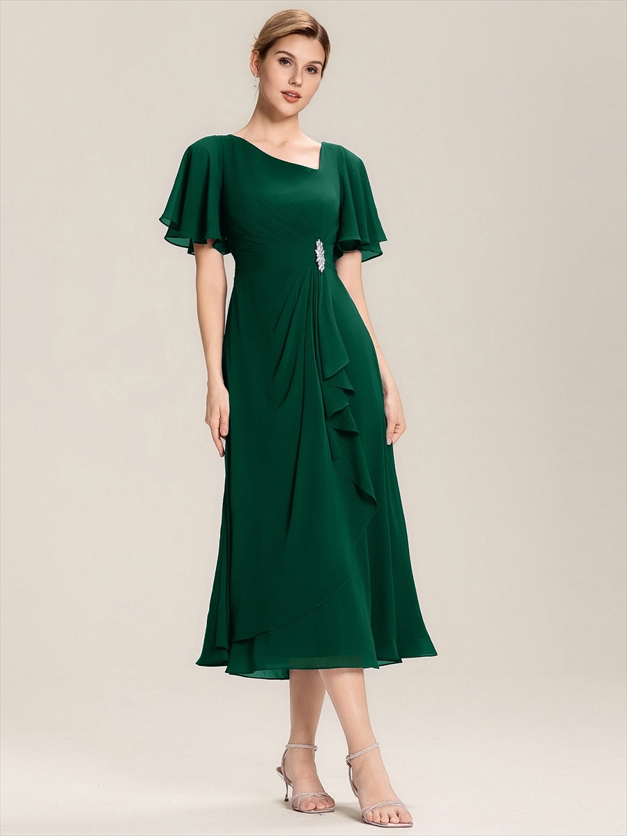 Ruffle Sleeve Chiffon Midi Mother of the Bride Dress #color_Dark Green