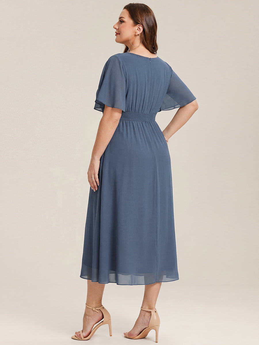 Plus Size Pleated Chiffon Ruffle Sleeve Midi Dress #color_Dusty Blue
