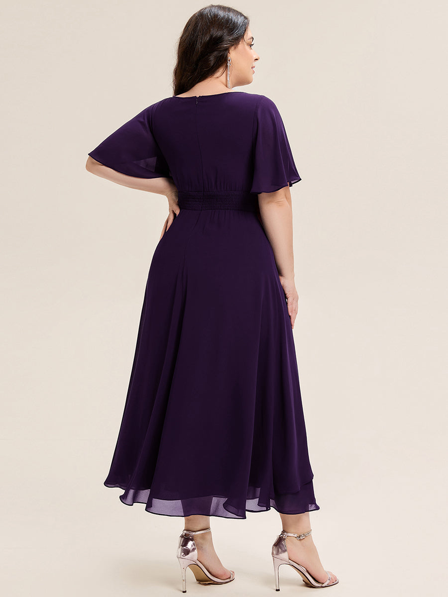 Pleated Chiffon Ruffle Sleeve Midi Dress #color_Dark Purple