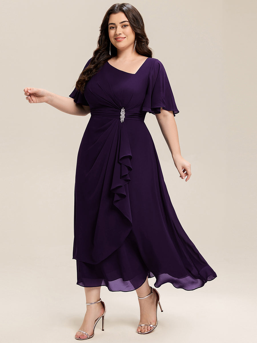 Pleated Chiffon Ruffle Sleeve Midi Dress #color_Dark Purple