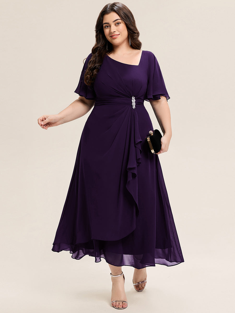 Ruffle Sleeve Chiffon Midi Mother of the Bride Dress #color_Dark Purple