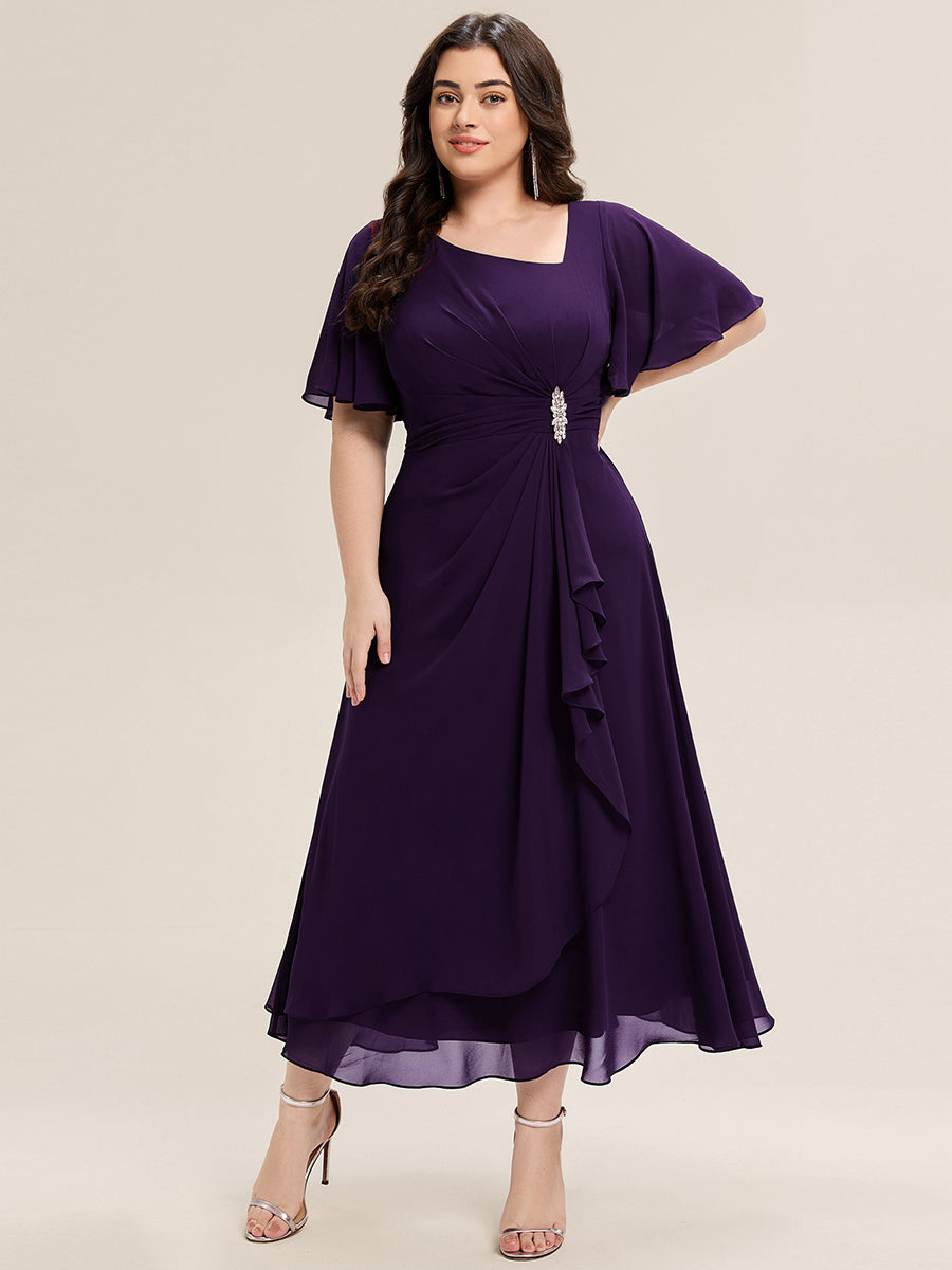 Pleated Chiffon Ruffle Sleeve Midi Dress #color_Dark Purple