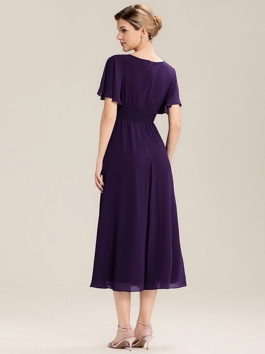 Ruffle Sleeve Chiffon Midi Mother of the Bride Dress #color_Dark Purple