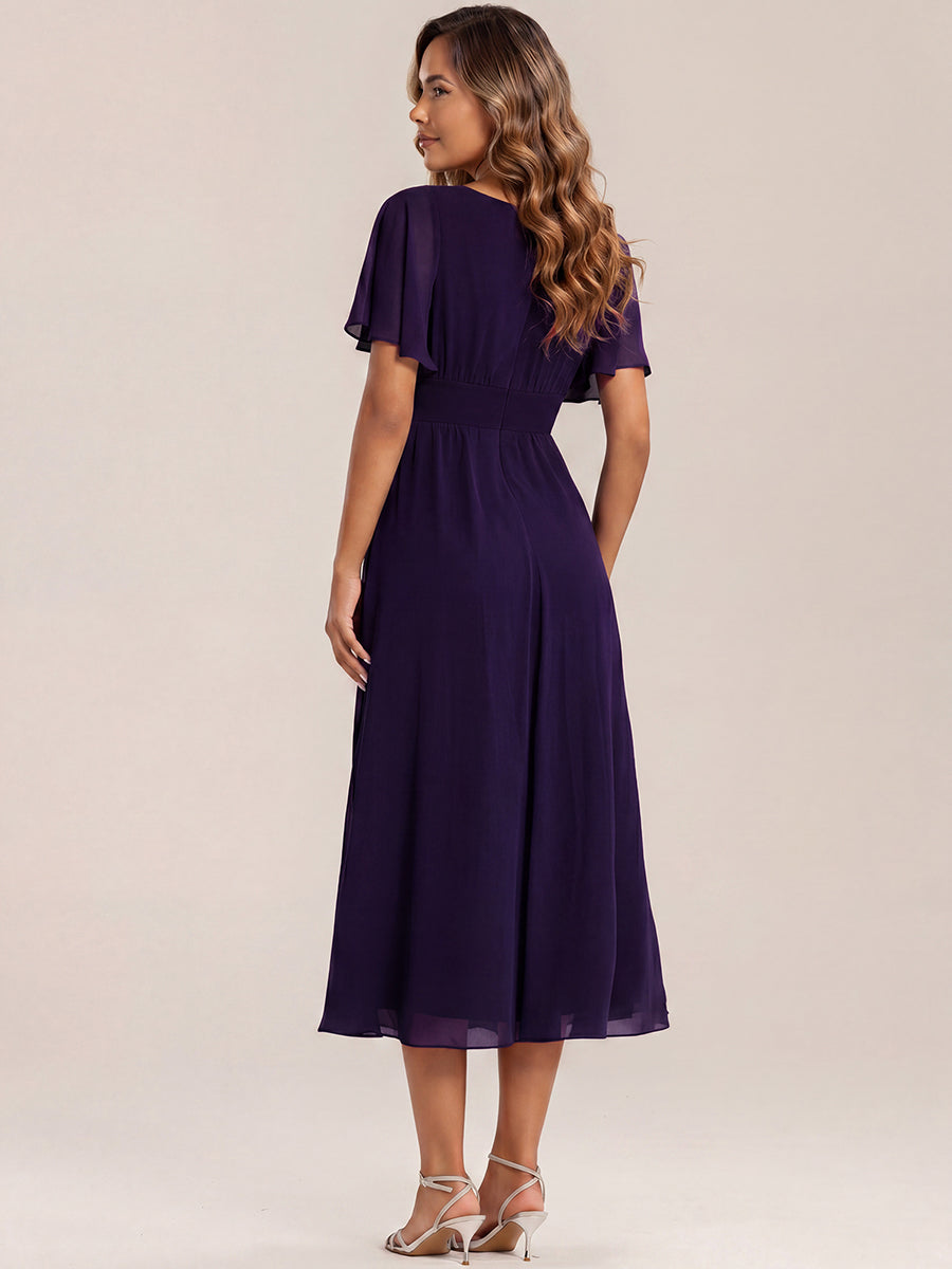 Pleated Chiffon Ruffle Sleeve Midi Dress #color_Dark Purple