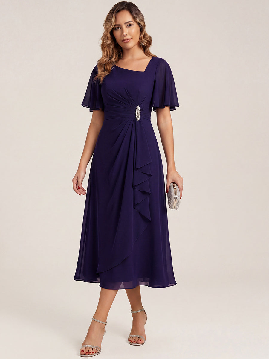 Pleated Chiffon Ruffle Sleeve Midi Dress #color_Dark Purple