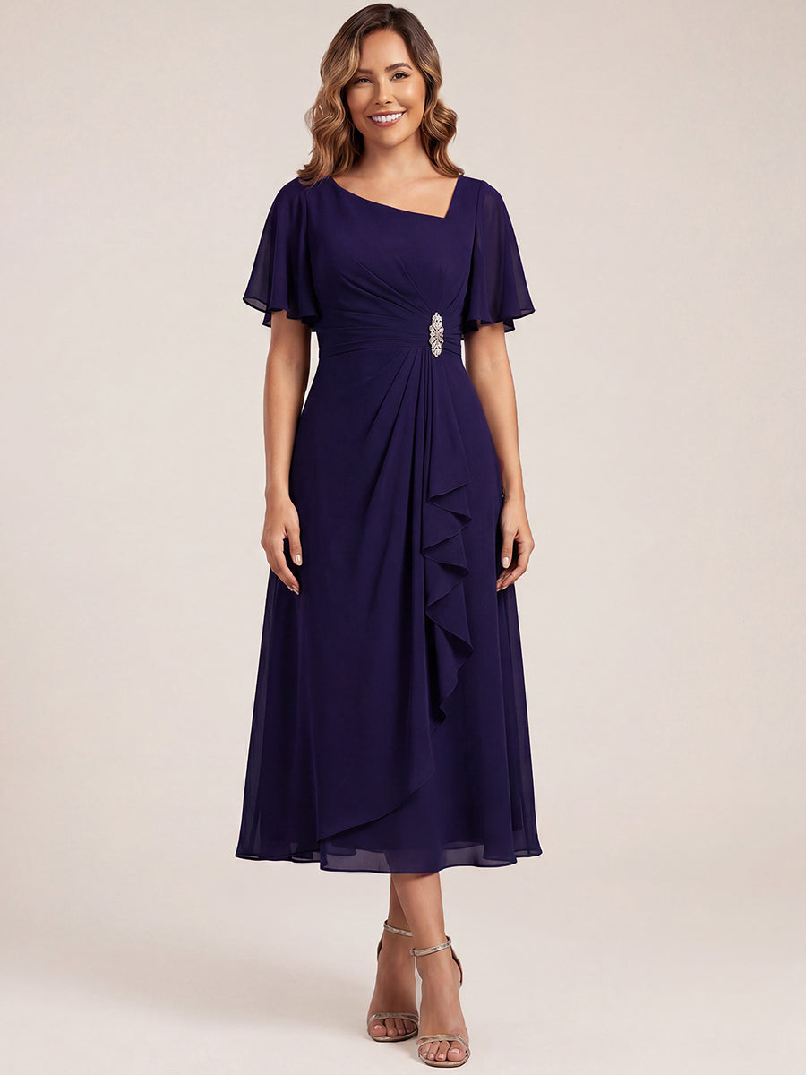 Pleated Chiffon Ruffle Sleeve Midi Dress #color_Dark Purple